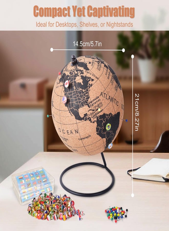 YCCYYCCY 6" Cork Globe with 100 National Flag Pins & 50 Colored Push Pins - Cork World Map with Rotating Stand - Pin Globe for Travel Tracking, Home or Office Decor - Gift for Couples & Families(DH-DQY-145) - Image 3